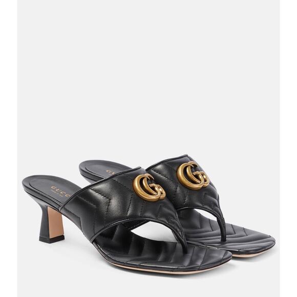 Gucci Marmont Chevron Double G 39.5/ US 9.5 Thong Heel Sandals Black Leather NIB - Picture 1 of 15